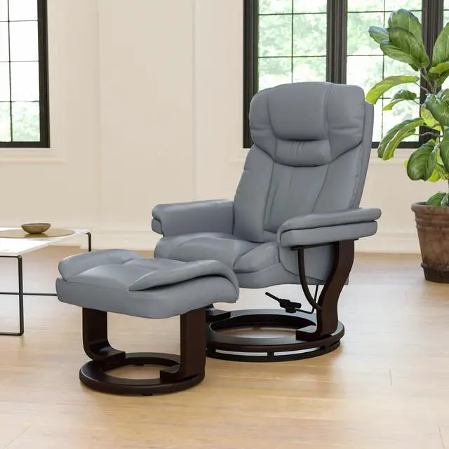 Alt view image 3 of 7 - Flash Furniture Allie Contemporary Multi-Position Recliner and Curved Ottoman with Swivel Mahogany Wood Base in Gray LeatherSoft