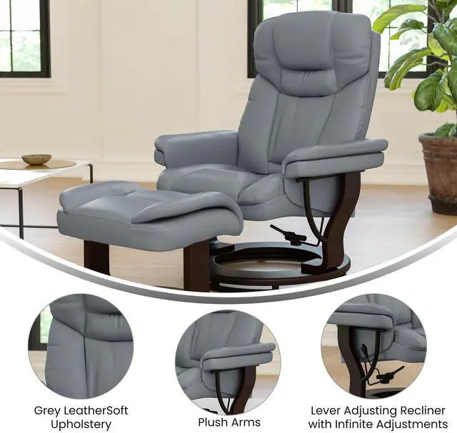 Alt view image 4 of 7 - Flash Furniture Allie Contemporary Multi-Position Recliner and Curved Ottoman with Swivel Mahogany Wood Base in Gray LeatherSoft