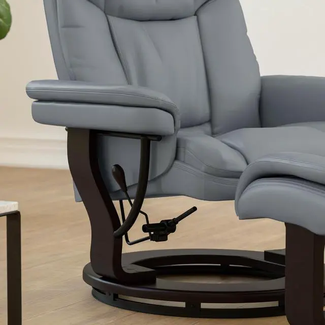 Alt view image 5 of 7 - Flash Furniture Allie Contemporary Multi-Position Recliner and Curved Ottoman with Swivel Mahogany Wood Base in Gray LeatherSoft