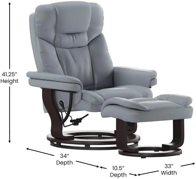 Alt view image 7 of 7 - Flash Furniture Allie Contemporary Multi-Position Recliner and Curved Ottoman with Swivel Mahogany Wood Base in Gray LeatherSoft