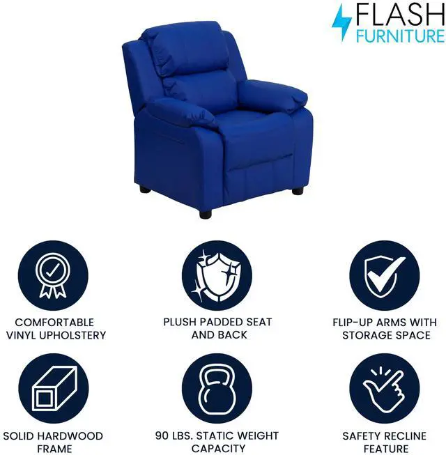 Alt view image 18 of 20 - Deluxe Padded Contemporary Blue Vinyl Kids Recliner with Storage Arms