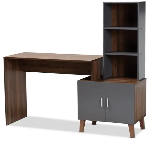 Alt view image 14 of 20 - Baxton Studio Jaeger Modern and Contemporary Two-Tone Walnut Brown and Dark Grey Finished Wood Storage Desk with Shelves