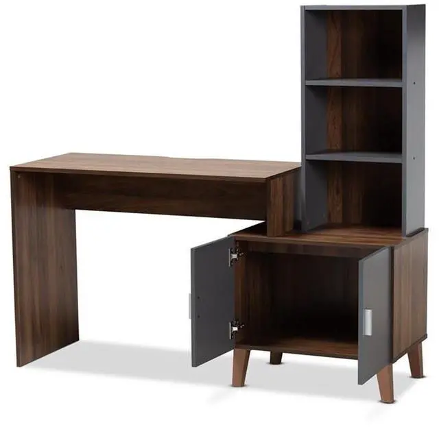 Alt view image 16 of 20 - Baxton Studio Jaeger Modern and Contemporary Two-Tone Walnut Brown and Dark Grey Finished Wood Storage Desk with Shelves