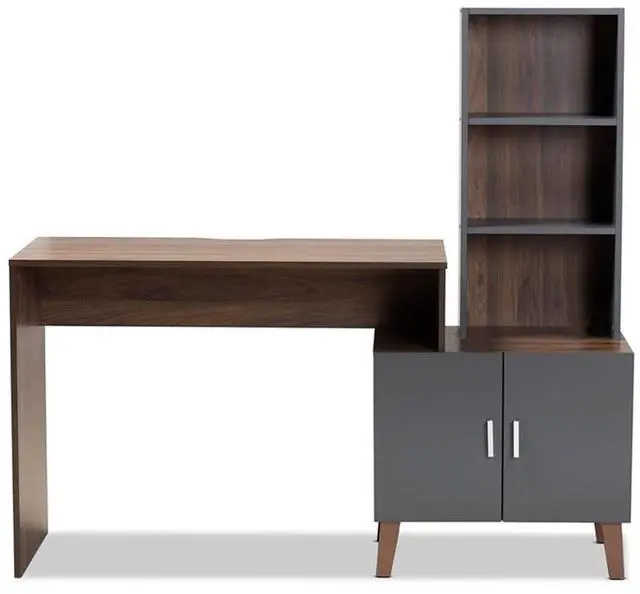 Alt view image 17 of 20 - Baxton Studio Jaeger Modern and Contemporary Two-Tone Walnut Brown and Dark Grey Finished Wood Storage Desk with Shelves