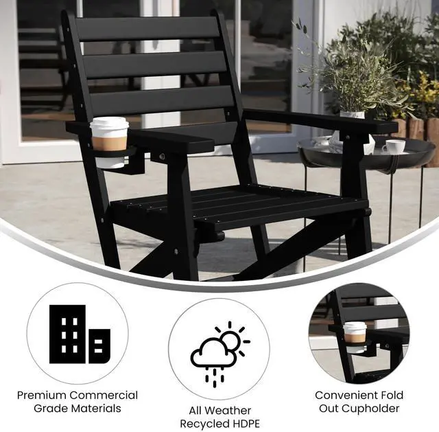 Alt view image 4 of 7 - Flash Furniture Tolleson Adirondack Dining Chair with Cup Holder, Commercial Weather Resistant Recycled HDPE Adirondack Chair, Fold Out Cupholder, Black