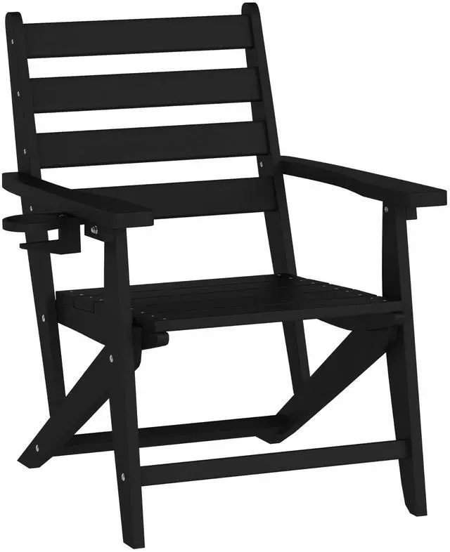 Alt view image 2 of 7 - Flash Furniture Tolleson Adirondack Dining Chair with Cup Holder, Commercial Weather Resistant Recycled HDPE Adirondack Chair, Fold Out Cupholder, Black