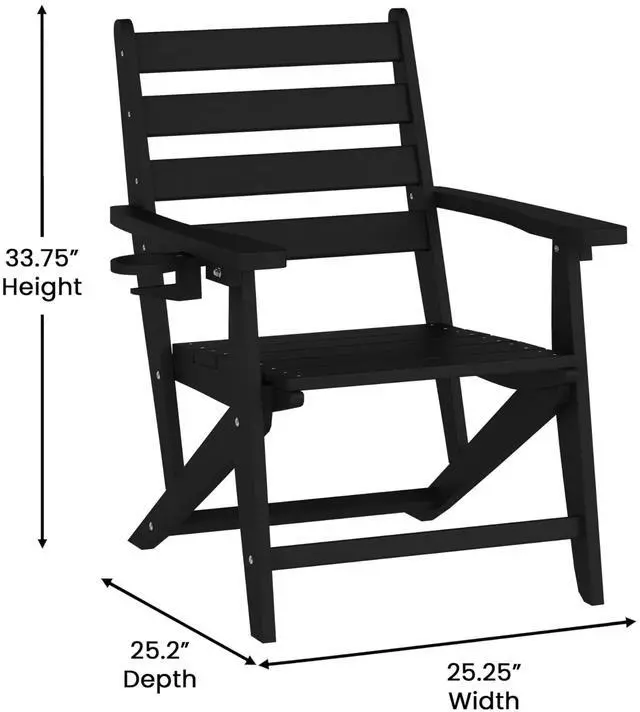 Alt view image 7 of 7 - Flash Furniture Tolleson Adirondack Dining Chair with Cup Holder, Commercial Weather Resistant Recycled HDPE Adirondack Chair, Fold Out Cupholder, Black