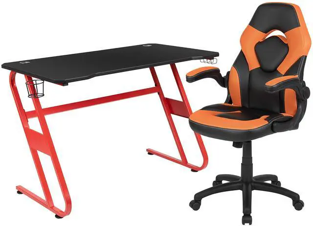 Alt view image 20 of 20 - Red Gaming Desk and Orange/Black Racing Chair Set with Cup Holder and Headphone Hook