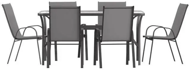 Main image of Flash Furniture Brazos Commercial Outdoor Dining Set, 60" Tempered Glass Patio Table with Umbrella Hole, 6 Stack Chairs with Flex Comfort Seats and Backs, Gray/Black