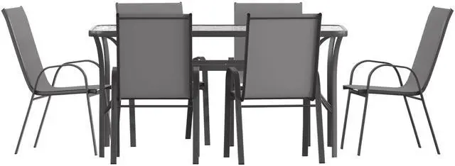 Alt view image 2 of 7 - Flash Furniture Brazos Commercial Outdoor Dining Set, 60" Tempered Glass Patio Table with Umbrella Hole, 6 Stack Chairs with Flex Comfort Seats and Backs, Gray/Black