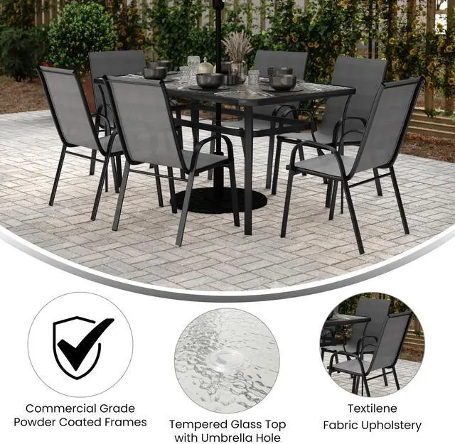 Alt view image 4 of 7 - Flash Furniture Brazos Commercial Outdoor Dining Set, 60" Tempered Glass Patio Table with Umbrella Hole, 6 Stack Chairs with Flex Comfort Seats and Backs, Gray/Black