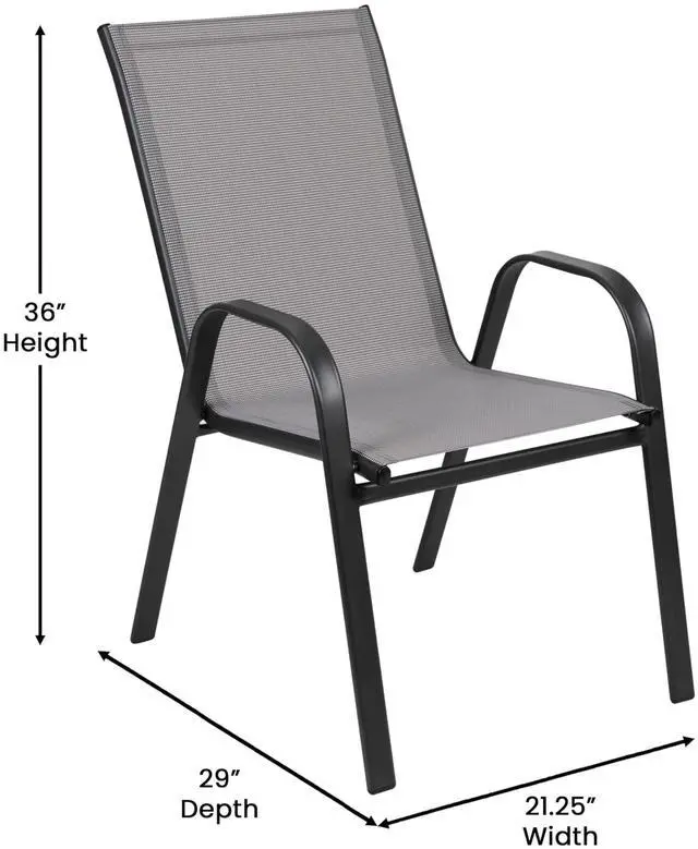 Alt view image 7 of 7 - Flash Furniture Brazos Commercial Outdoor Dining Set, 60" Tempered Glass Patio Table with Umbrella Hole, 6 Stack Chairs with Flex Comfort Seats and Backs, Gray/Black