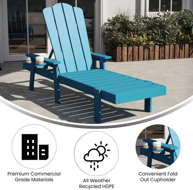 Alt view image 4 of 7 - Flash Furniture Sonora Adjustable Adirondack Lounger with Cup Holder, Commercial Grade All-Weather-Weather Indoor/Outdoor Recycled HDPE Lounge Chair, Blue