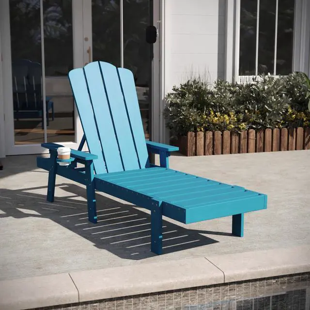 Alt view image 3 of 7 - Flash Furniture Sonora Adjustable Adirondack Lounger with Cup Holder, Commercial Grade All-Weather-Weather Indoor/Outdoor Recycled HDPE Lounge Chair, Blue