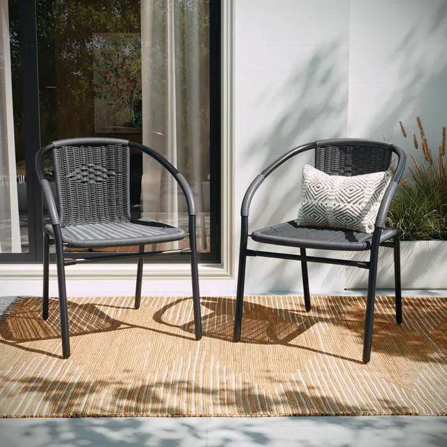 Alt view image 19 of 20 - Lila 2 Pack Gray Rattan Indoor-Outdoor Restaurant Stack Chair