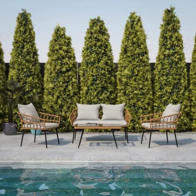 Alt view image 13 of 19 - Evin Boho 4 Piece Indoor/Outdoor Rope Rattan Patio Conversation Set with Tempered Glass Top Coffee Table and Gray Cushions, Natural