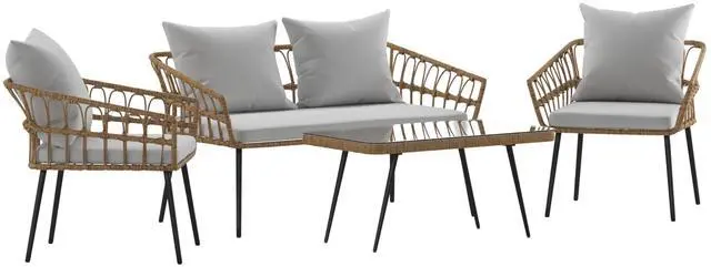 Alt view image 14 of 19 - Evin Boho 4 Piece Indoor/Outdoor Rope Rattan Patio Conversation Set with Tempered Glass Top Coffee Table and Gray Cushions, Natural