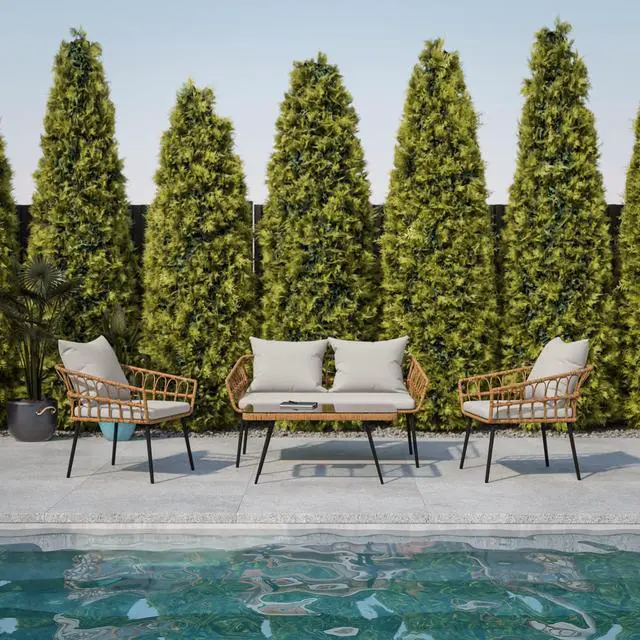 Alt view image 15 of 19 - Evin Boho 4 Piece Indoor/Outdoor Rope Rattan Patio Conversation Set with Tempered Glass Top Coffee Table and Gray Cushions, Natural