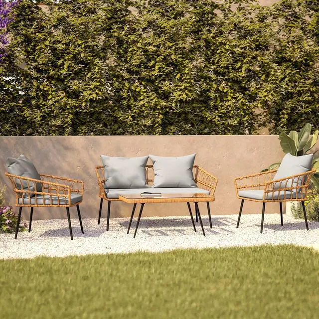 Alt view image 17 of 19 - Evin Boho 4 Piece Indoor/Outdoor Rope Rattan Patio Conversation Set with Tempered Glass Top Coffee Table and Gray Cushions, Natural