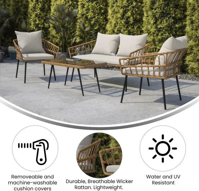 Alt view image 16 of 19 - Evin Boho 4 Piece Indoor/Outdoor Rope Rattan Patio Conversation Set with Tempered Glass Top Coffee Table and Gray Cushions, Natural
