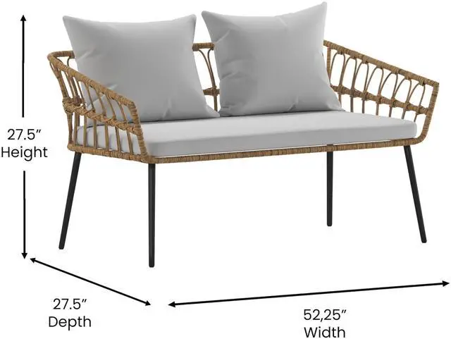 Alt view image 19 of 19 - Evin Boho 4 Piece Indoor/Outdoor Rope Rattan Patio Conversation Set with Tempered Glass Top Coffee Table and Gray Cushions, Natural