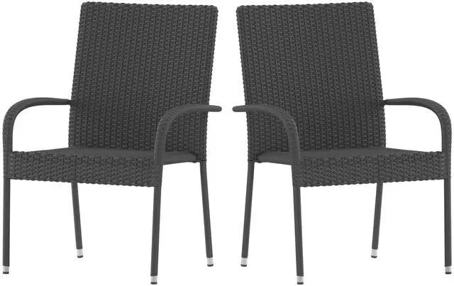 Alt view image 15 of 20 - Maxim Set of 2 Stackable Indoor/Outdoor Wicker Dining Chairs with Arms - Fade & Weather-Resistant Steel Frames - Gray