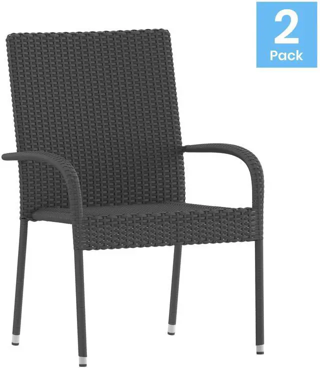 Alt view image 16 of 20 - Maxim Set of 2 Stackable Indoor/Outdoor Wicker Dining Chairs with Arms - Fade & Weather-Resistant Steel Frames - Gray