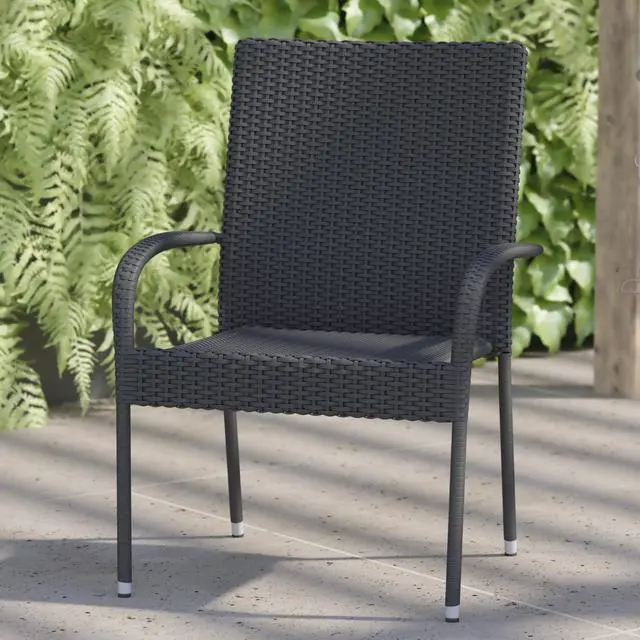 Alt view image 20 of 20 - Maxim Set of 2 Stackable Indoor/Outdoor Wicker Dining Chairs with Arms - Fade & Weather-Resistant Steel Frames - Gray