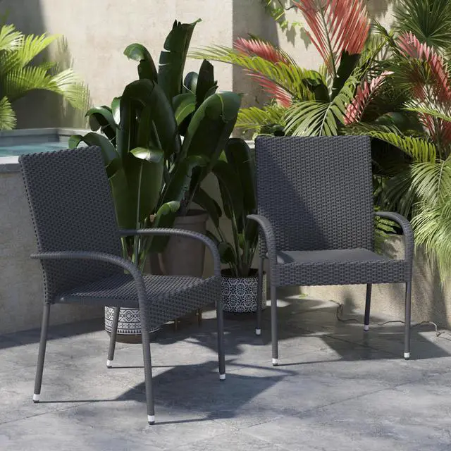 Alt view image 19 of 20 - Maxim Set of 2 Stackable Indoor/Outdoor Wicker Dining Chairs with Arms - Fade & Weather-Resistant Steel Frames - Gray