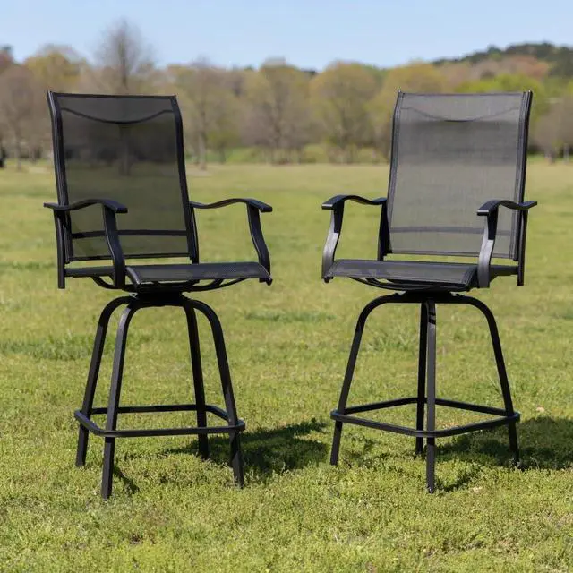 Alt view image 8 of 14 - Patio Bar Height Stools Set of 2, All-Weather Textilene Swivel Patio Stools and Deck Chairs with High Back & Armrests in Black