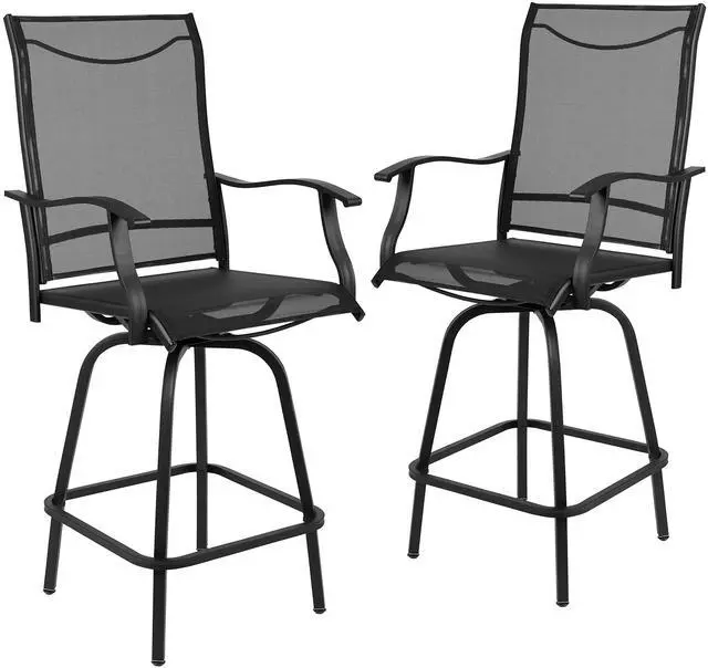 Alt view image 9 of 14 - Patio Bar Height Stools Set of 2, All-Weather Textilene Swivel Patio Stools and Deck Chairs with High Back & Armrests in Black