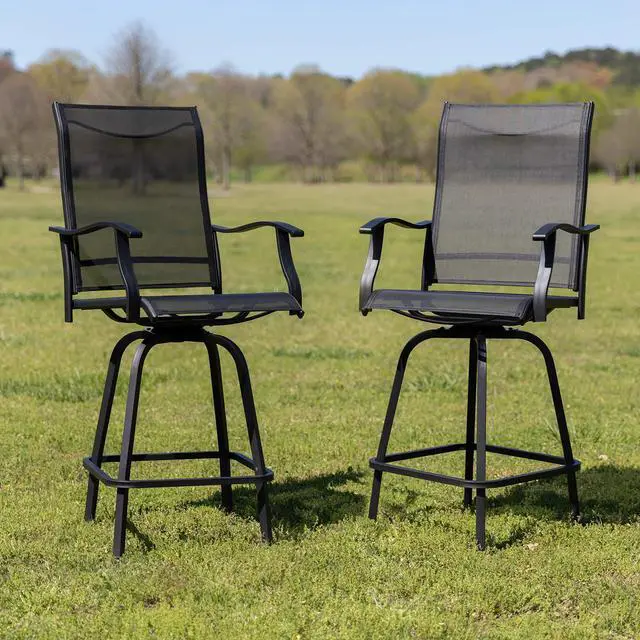 Alt view image 11 of 14 - Patio Bar Height Stools Set of 2, All-Weather Textilene Swivel Patio Stools and Deck Chairs with High Back & Armrests in Black