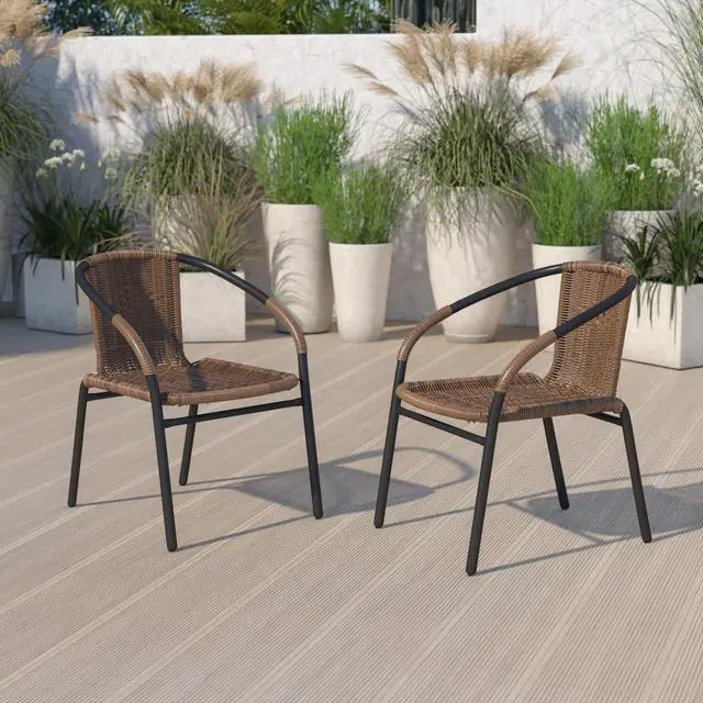Alt view image 11 of 20 - 2 Pack Medium Brown Rattan Indoor-Outdoor Restaurant Stack Chair