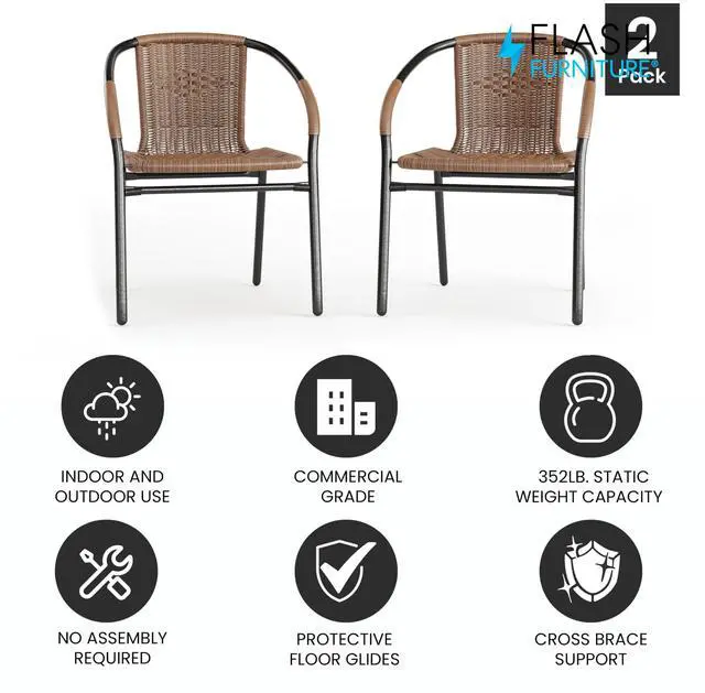 Alt view image 13 of 20 - 2 Pack Medium Brown Rattan Indoor-Outdoor Restaurant Stack Chair