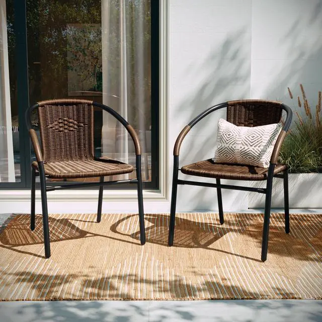 Alt view image 17 of 20 - 2 Pack Medium Brown Rattan Indoor-Outdoor Restaurant Stack Chair