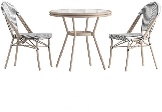 Main image of Flash Furniture Marseille Indoor/Outdoor Commercial Bistro Set - Tempered Glass Top Table - 2 Chairs - Textilene - Lt NAT Bamboo Print Aluminum Frame - Blk/Wht