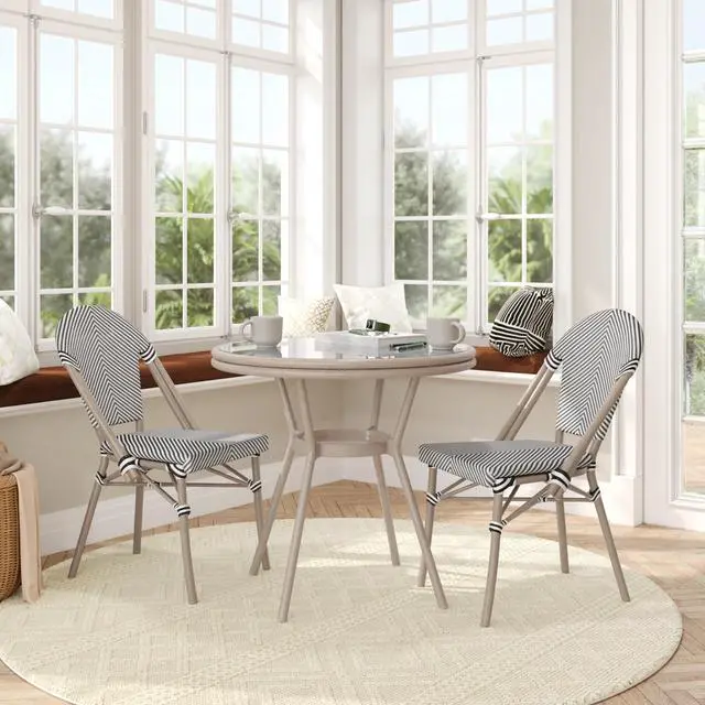 Alt view image 3 of 7 - Flash Furniture Marseille Indoor/Outdoor Commercial Bistro Set - Tempered Glass Top Table - 2 Chairs - Textilene - Lt NAT Bamboo Print Aluminum Frame - Blk/Wht