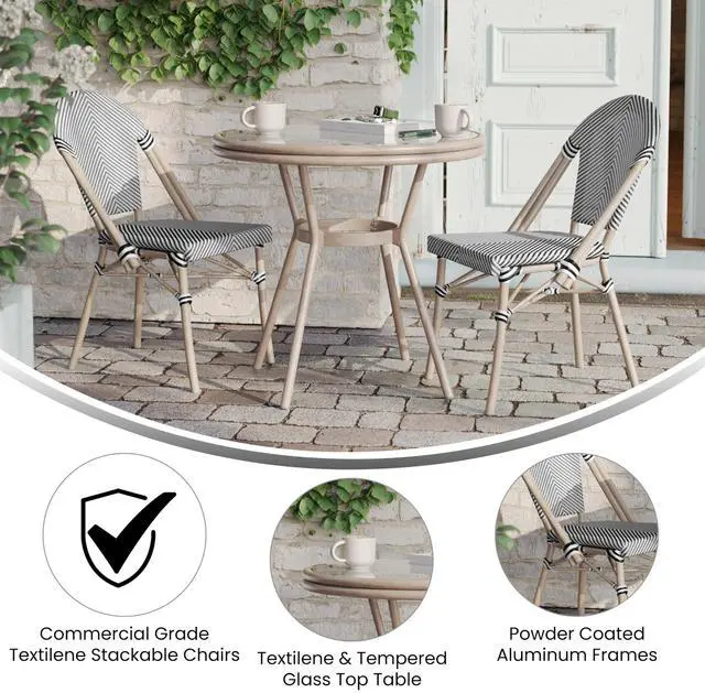 Alt view image 4 of 7 - Flash Furniture Marseille Indoor/Outdoor Commercial Bistro Set - Tempered Glass Top Table - 2 Chairs - Textilene - Lt NAT Bamboo Print Aluminum Frame - Blk/Wht