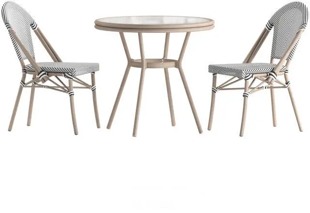 Alt view image 2 of 7 - Flash Furniture Marseille Indoor/Outdoor Commercial Bistro Set - Tempered Glass Top Table - 2 Chairs - Textilene - Lt NAT Bamboo Print Aluminum Frame - Blk/Wht