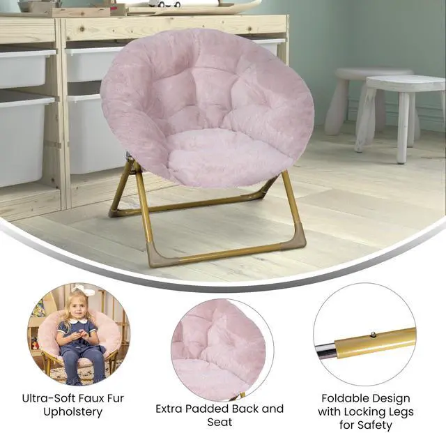 Alt view image 20 of 20 - Gwen 23" Kids Cozy Mini Folding Saucer Chair, Faux Fur Moon Chair for Toddlers and Bedroom, Blush/Soft Gold