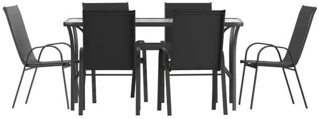 Main image of Flash Furniture Brazos Commercial Outdoor Dining Set, 60" Tempered Glass Patio Table with Umbrella Hole, 6 Stack Chairs with Flex Comfort Seats and Backs, Black/Black