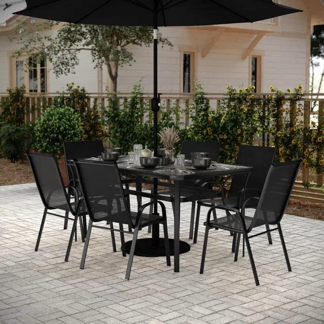 Alt view image 2 of 7 - Flash Furniture Brazos Commercial Outdoor Dining Set, 60" Tempered Glass Patio Table with Umbrella Hole, 6 Stack Chairs with Flex Comfort Seats and Backs, Black/Black