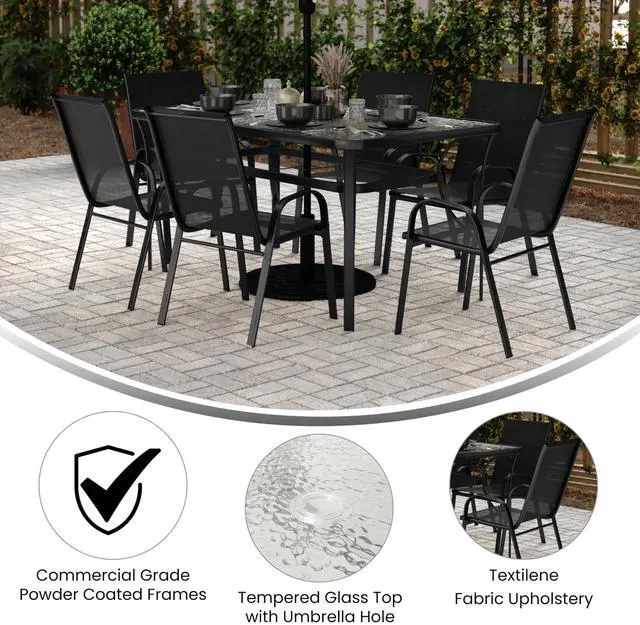 Alt view image 4 of 7 - Flash Furniture Brazos Commercial Outdoor Dining Set, 60" Tempered Glass Patio Table with Umbrella Hole, 6 Stack Chairs with Flex Comfort Seats and Backs, Black/Black
