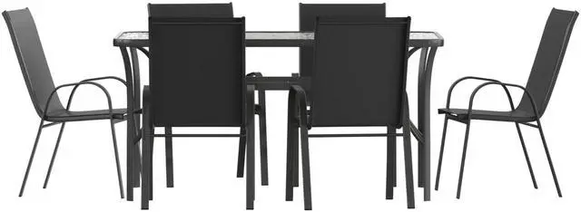 Alt view image 3 of 7 - Flash Furniture Brazos Commercial Outdoor Dining Set, 60" Tempered Glass Patio Table with Umbrella Hole, 6 Stack Chairs with Flex Comfort Seats and Backs, Black/Black