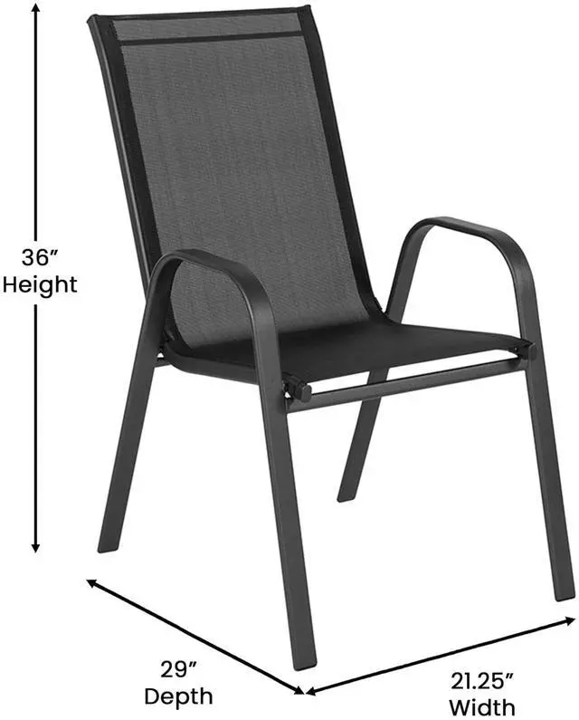 Alt view image 6 of 7 - Flash Furniture Brazos Commercial Outdoor Dining Set, 60" Tempered Glass Patio Table with Umbrella Hole, 6 Stack Chairs with Flex Comfort Seats and Backs, Black/Black