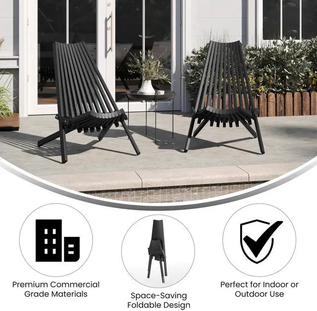 Alt view image 4 of 7 - Flash Furniture Delia Commercial Indoor/Outdoor Wood Folding Chair, Low Profile Lounge for Patio, Porch, or Garden, Versatile Weather-Resistant Acacia Wood, Black