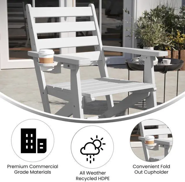 Alt view image 4 of 7 - Flash Furniture Tolleson Adirondack Dining Chair with Cup Holder, Commercial Weather Resistant Recycled HDPE Adirondack Chair, Fold Out Cupholder, White