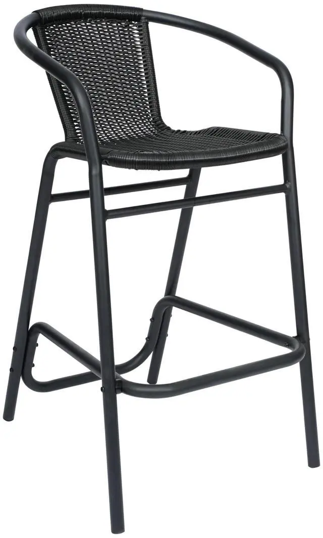Alt view image 2 of 7 - Flash Furniture Lila Commercial Grade Rattan Indoor-Outdoor Commercial Restaurant Barstool - Rattan Seat and Back - Footrest - Black