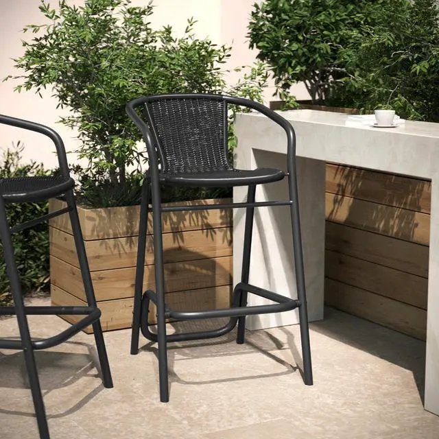 Alt view image 3 of 7 - Flash Furniture Lila Commercial Grade Rattan Indoor-Outdoor Commercial Restaurant Barstool - Rattan Seat and Back - Footrest - Black