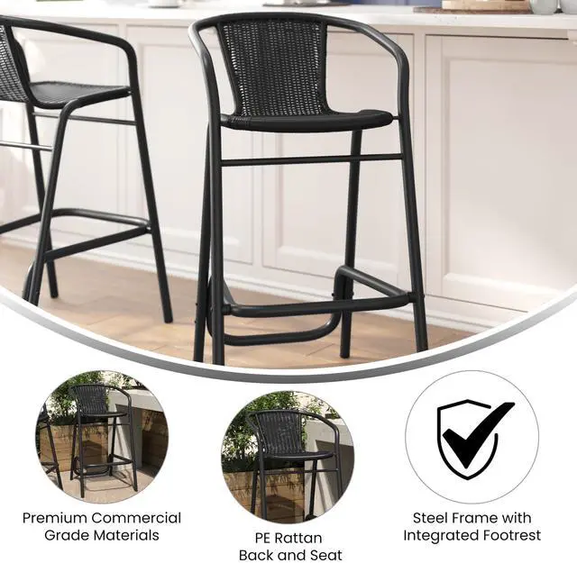 Alt view image 4 of 7 - Flash Furniture Lila Commercial Grade Rattan Indoor-Outdoor Commercial Restaurant Barstool - Rattan Seat and Back - Footrest - Black